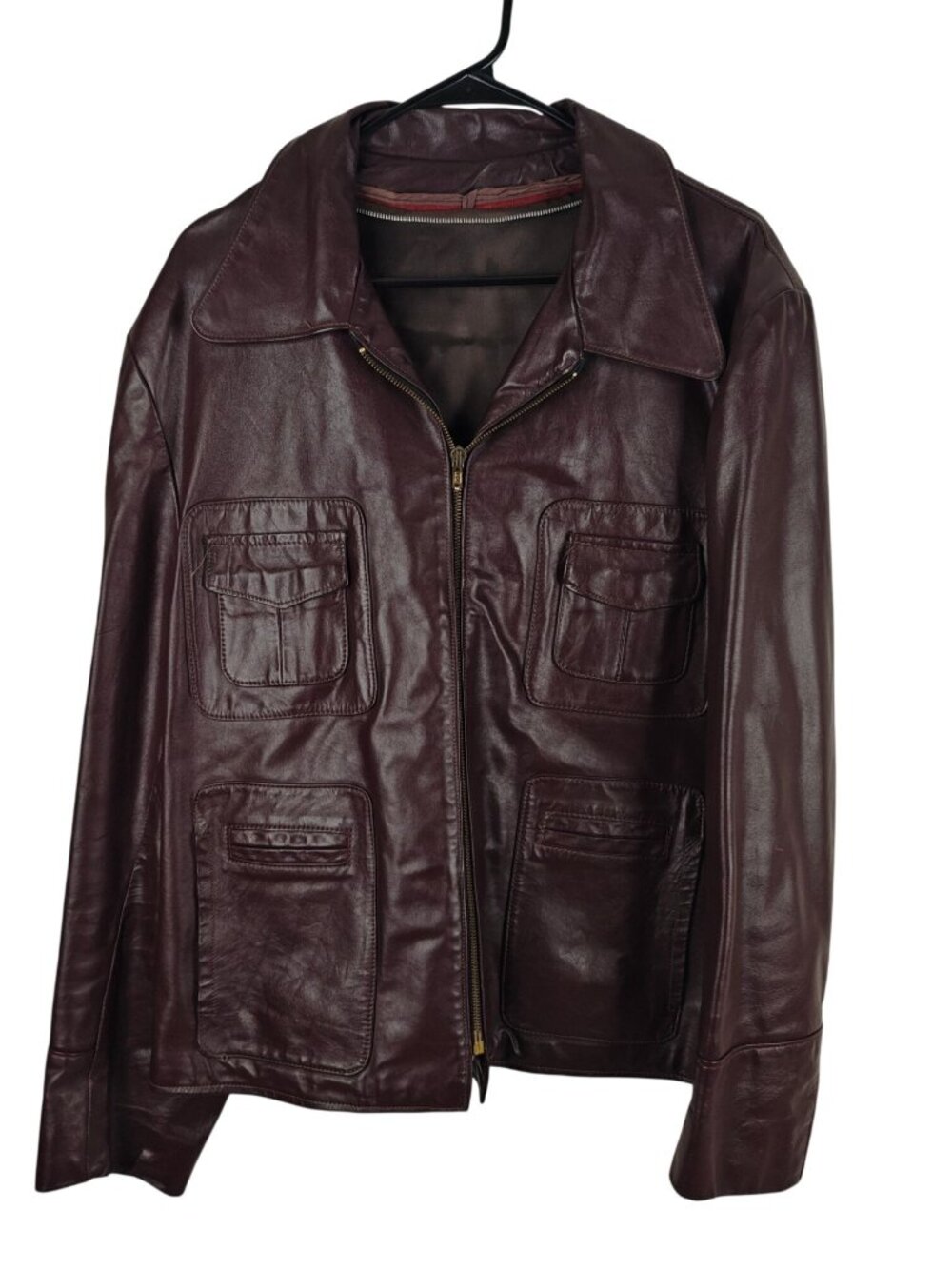 Vintage Men's Leather Jacket Burgundy Size 46 Full-Zip Multiple Pockets 1970's